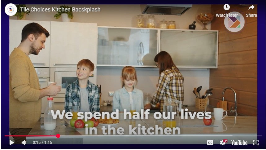 Family in a kitchen with text overlay 'We spend half our lives in the kitchen'.