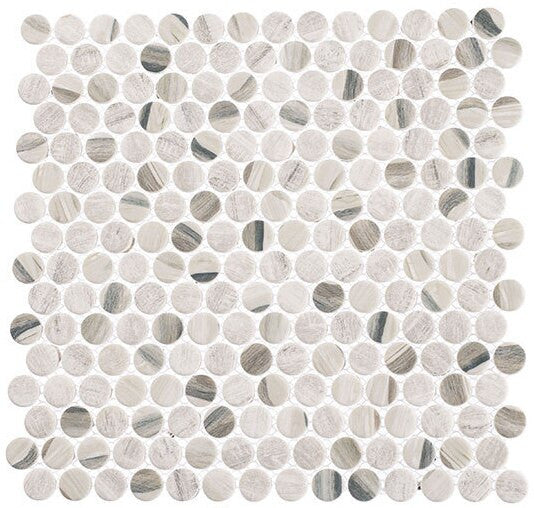 Pixels Series PX-781 Dusted Ash Wood look recycled glass tile penny round