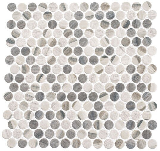 Pixels Series PX-782 Chrome Arc gray penny round wood look recycled glass mosaic