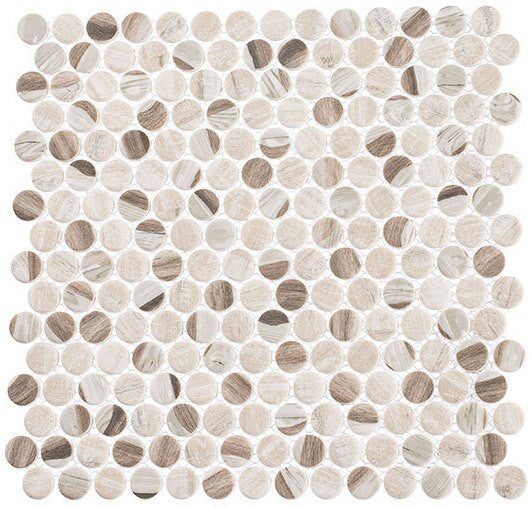 Pixels Series PX-783 Speckled Taupe brown tone wood look penny round recycled glass mosaic