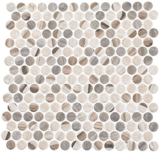 Pixels Series PX-784 Dotted Blend brown with some gray speckled in, penny round wood look mosaic tile