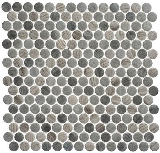 Polka Dots PLK-62 Umbel Grey recycled glass tile mosaic, gray wood look penny round