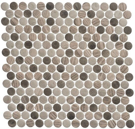 Polka Dots PLK-63 Southern Trail recycled glass tile penny round brown and gray wood look tile