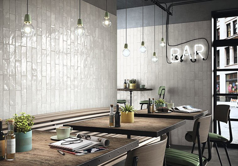 Rain Drops Day Break RD-262 White Ceramic Subway Accent Wall Tile Commercial coffee shop install