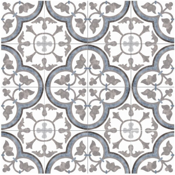 Retro Nueve Paris Spring 9215 Encaustic Look pattern with blue, gray and white color tones