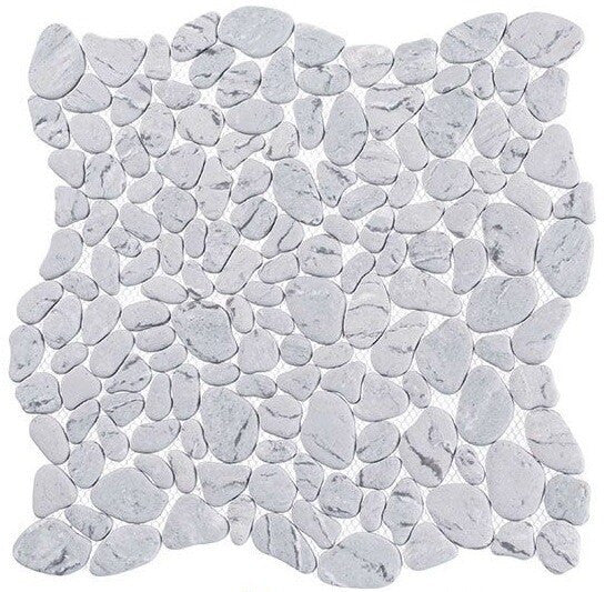 Riverbed Series RVB-762 Flowing River recycled glass tile mosaic in a pebble design, gray tone with dark gray veins