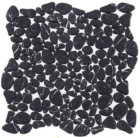 Riverbed Series RVB-763 Tributary pebble mosaic, looks like nero marquina but in a recycled glass