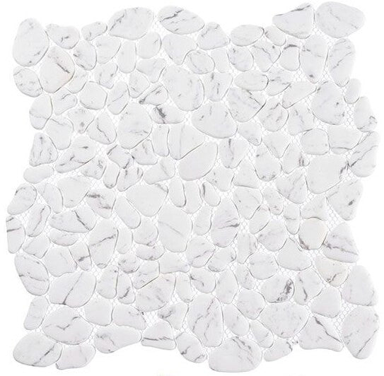 Riverbed Series RVB-764 Bubbling Creek pebble shaped mosaic, mimics a carrara marble look out of recycled glass tile